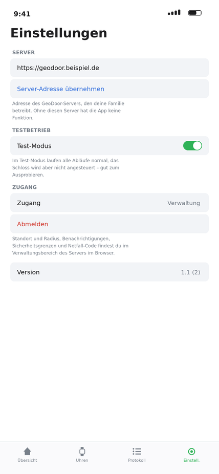 Einstellungen mit Serveradresse und Test-Modus