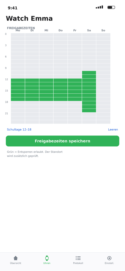 Wochenraster der Freigabezeiten