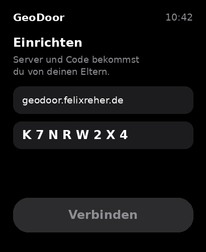 Einrichtungsbildschirm mit Server und Code
